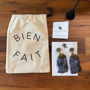 NWT Bien Fait Gold Tone Gray Tassel Fringe Noonday Collection Boho Earrings